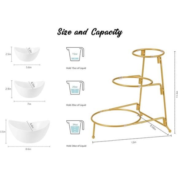 3Tier Bowl Set with Metal Rack, Ceramic Fruit Bowl Serving, Tiered Serving Stand - Picture 4 of 6